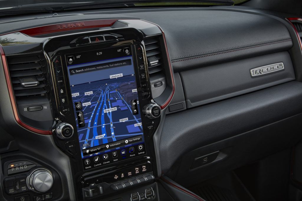 2019 Ram 1500 Rebel 12 with Uconnect 4C NAV and 12-inch touchscreen.